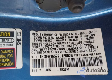 2007 Honda Civic Lx from USA, damaged, VIN 1HGFA16527L125026